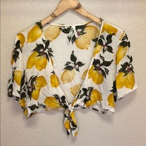 Lemon print front tie crop top
